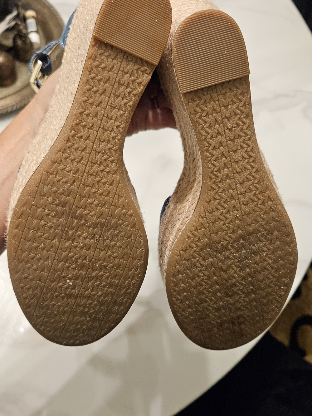 MICHAEL Michael Kors Navy Denim & Tan Jute Wedge Sandals with Gold Hardware - Picture 6 of 6